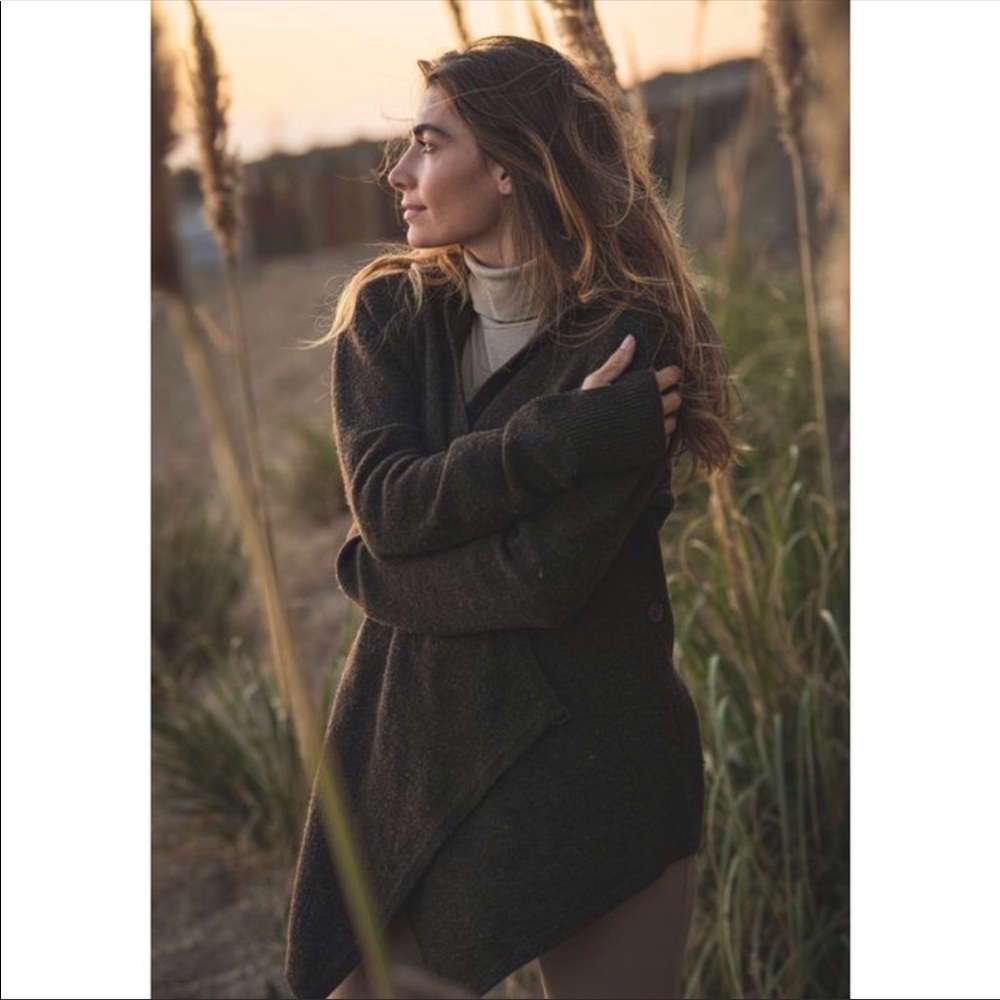 Betabrand Black Sheep Wool Blend Hooded Wrap Sweater